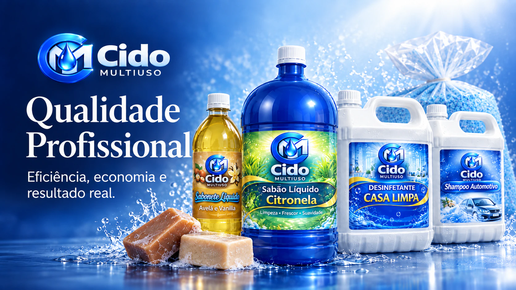 Linha de produtos Cido Multiuso: sabão líquido, sabonete líquido, desinfetante, sabão em barra e sabão em pó.